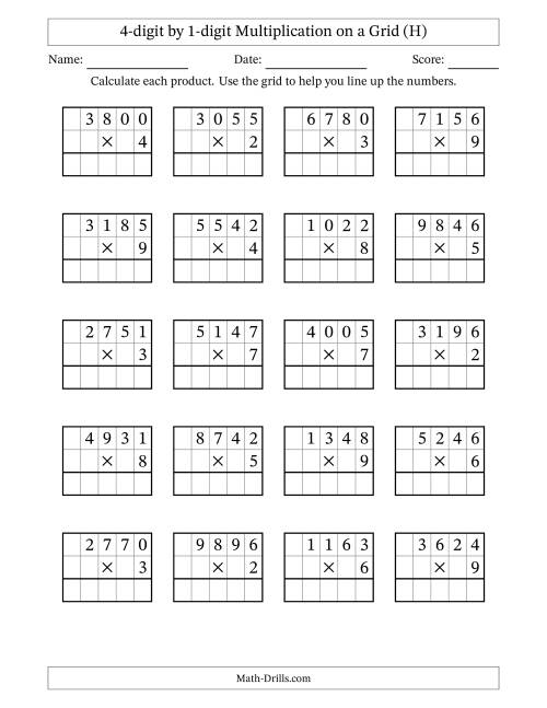 The 4-digit by 1-digit Multiplication with Grid Support (H) Math Worksheet