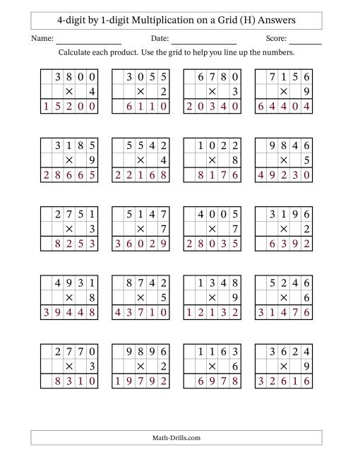 The 4-digit by 1-digit Multiplication with Grid Support (H) Math Worksheet Page 2