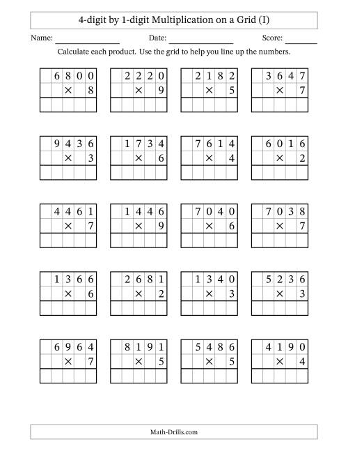 The 4-digit by 1-digit Multiplication with Grid Support (I) Math Worksheet