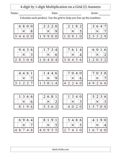 The 4-digit by 1-digit Multiplication with Grid Support (I) Math Worksheet Page 2