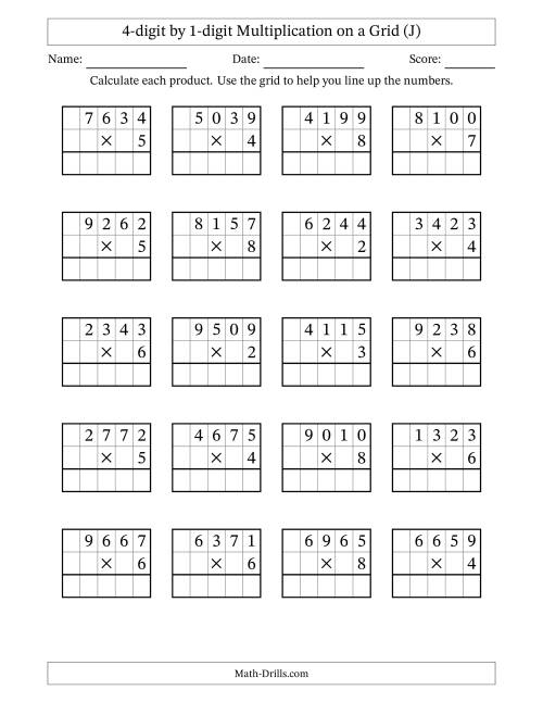 The 4-digit by 1-digit Multiplication with Grid Support (J) Math Worksheet