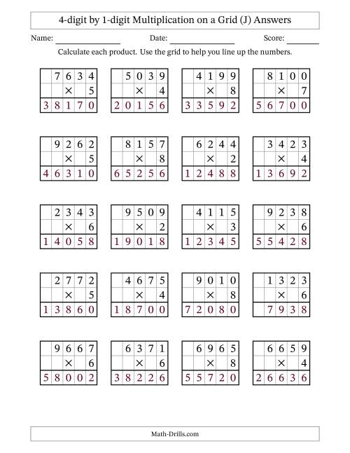 The 4-digit by 1-digit Multiplication with Grid Support (J) Math Worksheet Page 2