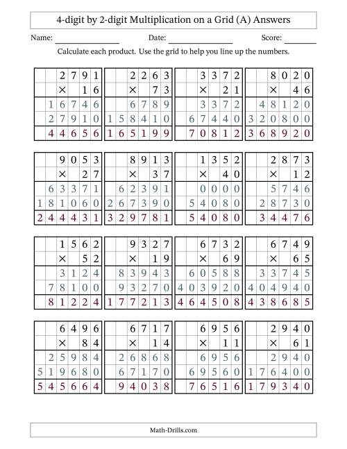 The 4-digit by 2-digit Multiplication with Grid Support (A) Math Worksheet Page 2