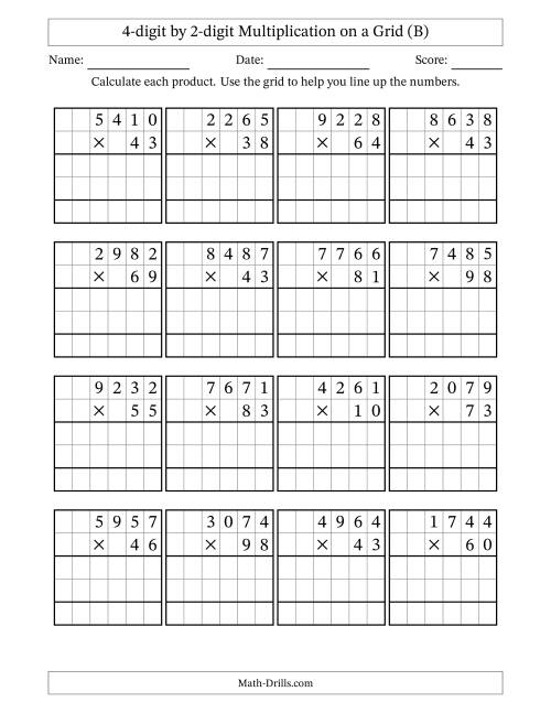 The 4-digit by 2-digit Multiplication with Grid Support (B) Math Worksheet