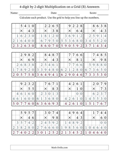 The 4-digit by 2-digit Multiplication with Grid Support (B) Math Worksheet Page 2