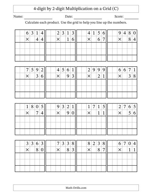 The 4-digit by 2-digit Multiplication with Grid Support (C) Math Worksheet