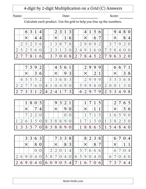 The 4-digit by 2-digit Multiplication with Grid Support (C) Math Worksheet Page 2