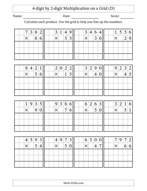 The 4-digit by 2-digit Multiplication with Grid Support (D) Math Worksheet