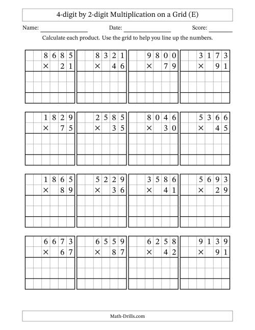 The 4-digit by 2-digit Multiplication with Grid Support (E) Math Worksheet
