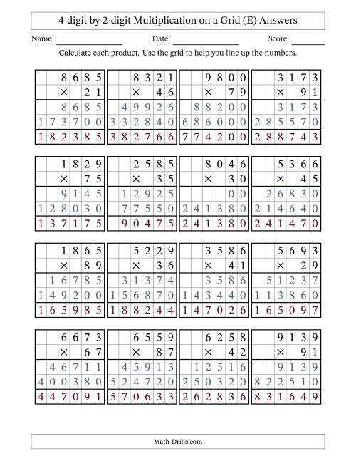 The 4-digit by 2-digit Multiplication with Grid Support (E) Math Worksheet Page 2