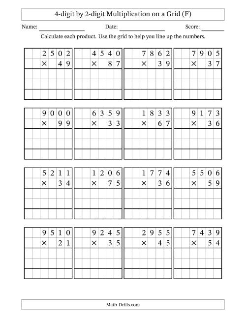 The 4-digit by 2-digit Multiplication with Grid Support (F) Math Worksheet