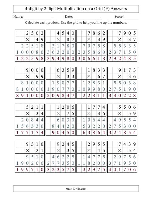 The 4-digit by 2-digit Multiplication with Grid Support (F) Math Worksheet Page 2