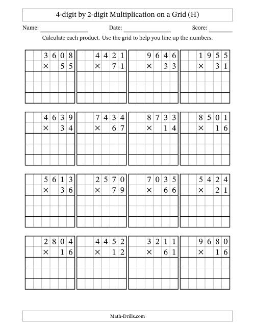The 4-digit by 2-digit Multiplication with Grid Support (H) Math Worksheet