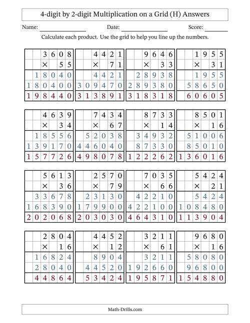 The 4-digit by 2-digit Multiplication with Grid Support (H) Math Worksheet Page 2