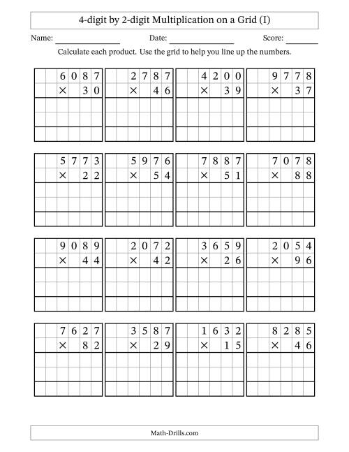 The 4-digit by 2-digit Multiplication with Grid Support (I) Math Worksheet