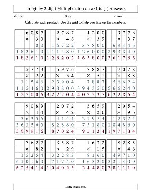 The 4-digit by 2-digit Multiplication with Grid Support (I) Math Worksheet Page 2