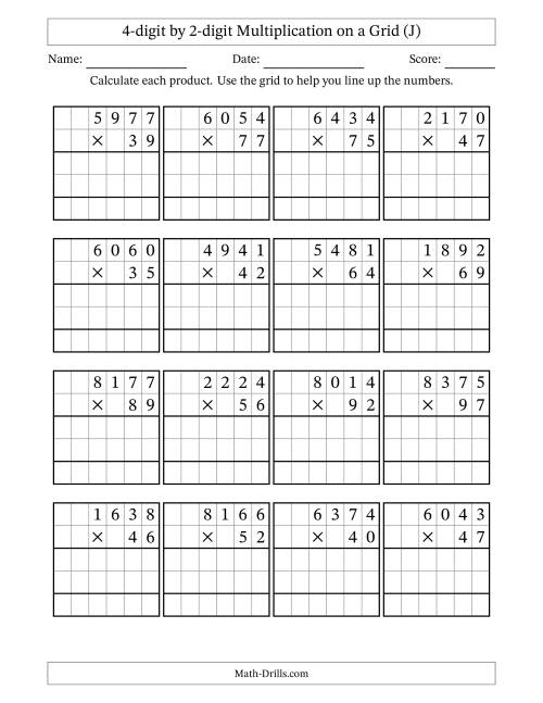 The 4-digit by 2-digit Multiplication with Grid Support (J) Math Worksheet