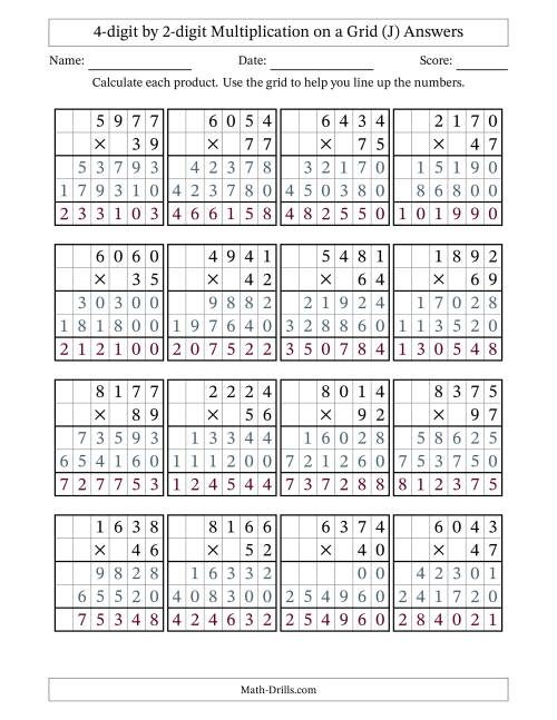 The 4-digit by 2-digit Multiplication with Grid Support (J) Math Worksheet Page 2