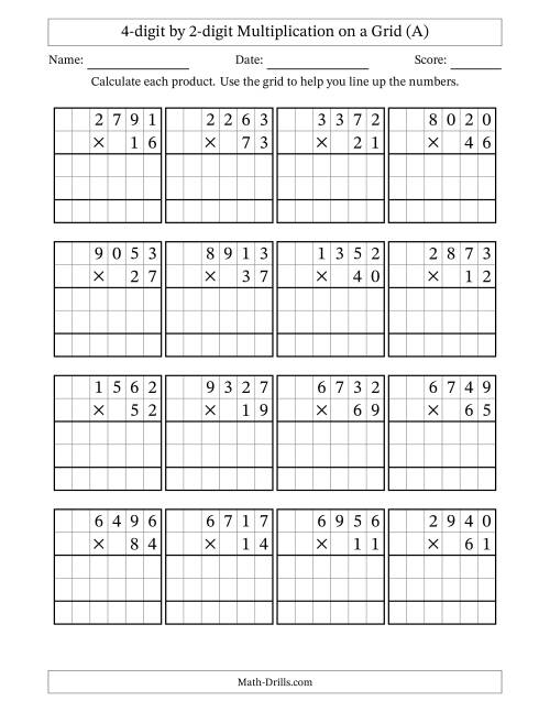 The 4-digit by 2-digit Multiplication with Grid Support (All) Math Worksheet