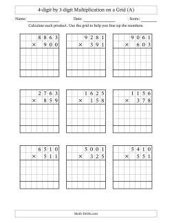 4-digit by 3-digit Multiplication with Grid Support