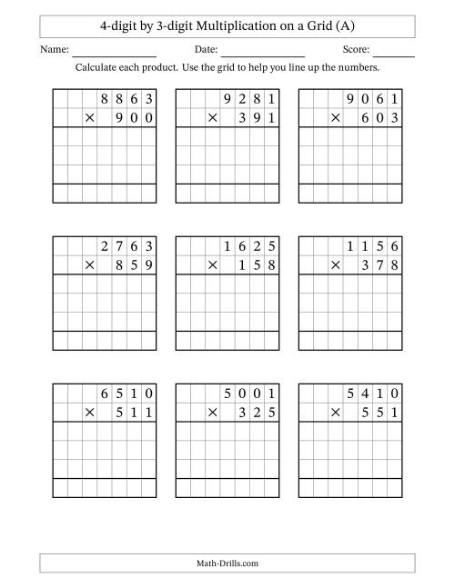 The 4-digit by 3-digit Multiplication with Grid Support (A) Math Worksheet