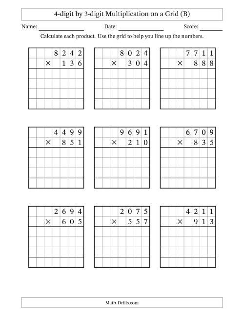 The 4-digit by 3-digit Multiplication with Grid Support (B) Math Worksheet