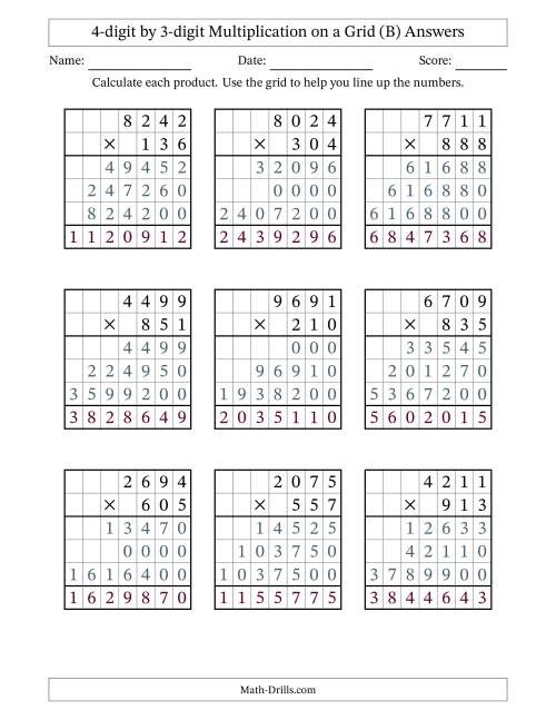 The 4-digit by 3-digit Multiplication with Grid Support (B) Math Worksheet Page 2