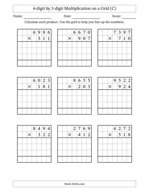 The 4-digit by 3-digit Multiplication with Grid Support (C) Math Worksheet