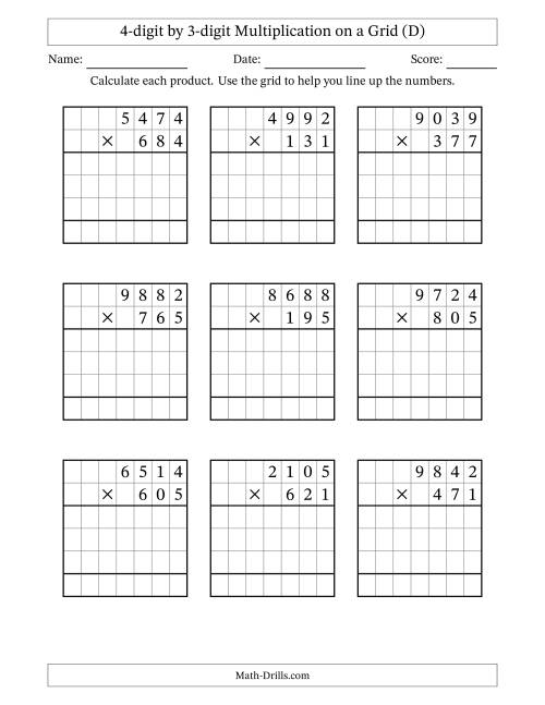 The 4-digit by 3-digit Multiplication with Grid Support (D) Math Worksheet
