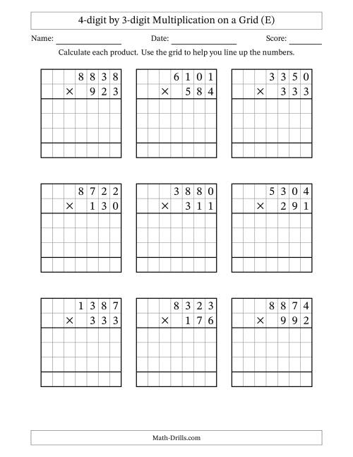 The 4-digit by 3-digit Multiplication with Grid Support (E) Math Worksheet