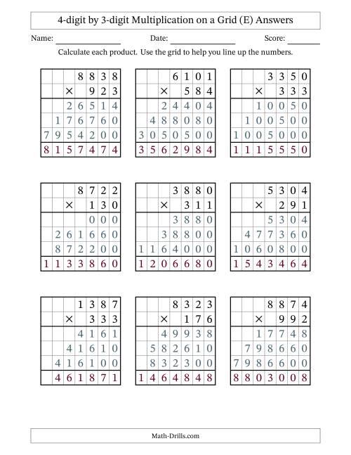 The 4-digit by 3-digit Multiplication with Grid Support (E) Math Worksheet Page 2