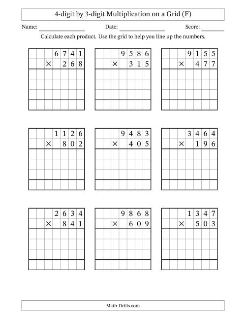 The 4-digit by 3-digit Multiplication with Grid Support (F) Math Worksheet