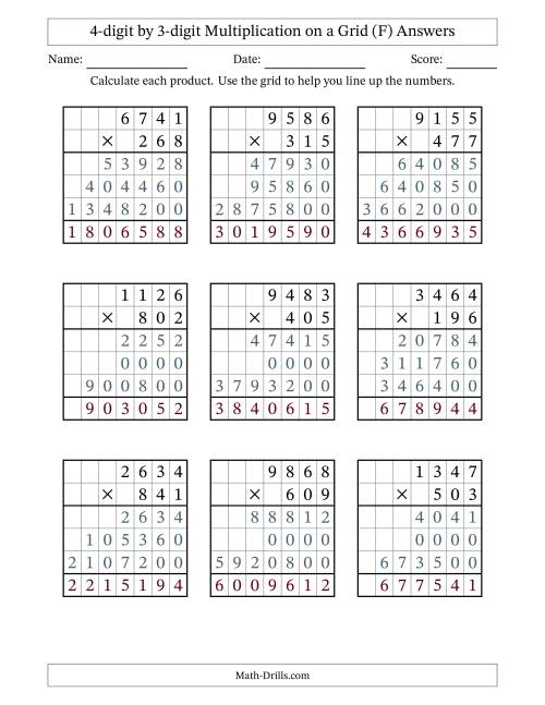 The 4-digit by 3-digit Multiplication with Grid Support (F) Math Worksheet Page 2