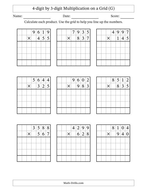 The 4-digit by 3-digit Multiplication with Grid Support (G) Math Worksheet