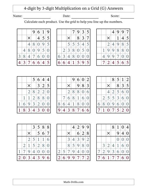 The 4-digit by 3-digit Multiplication with Grid Support (G) Math Worksheet Page 2