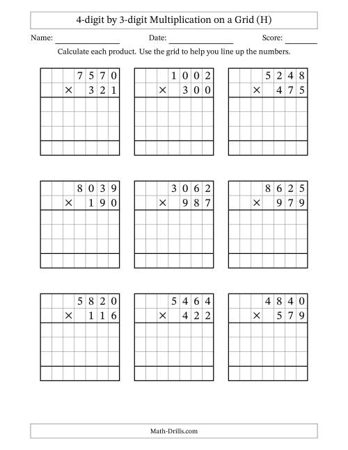 The 4-digit by 3-digit Multiplication with Grid Support (H) Math Worksheet