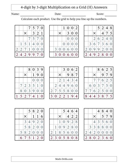 The 4-digit by 3-digit Multiplication with Grid Support (H) Math Worksheet Page 2
