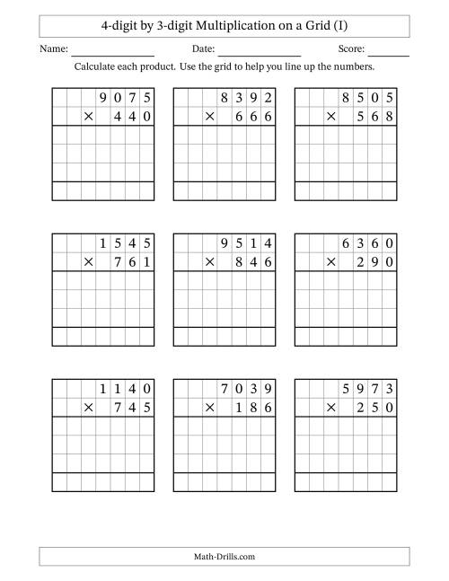 The 4-digit by 3-digit Multiplication with Grid Support (I) Math Worksheet