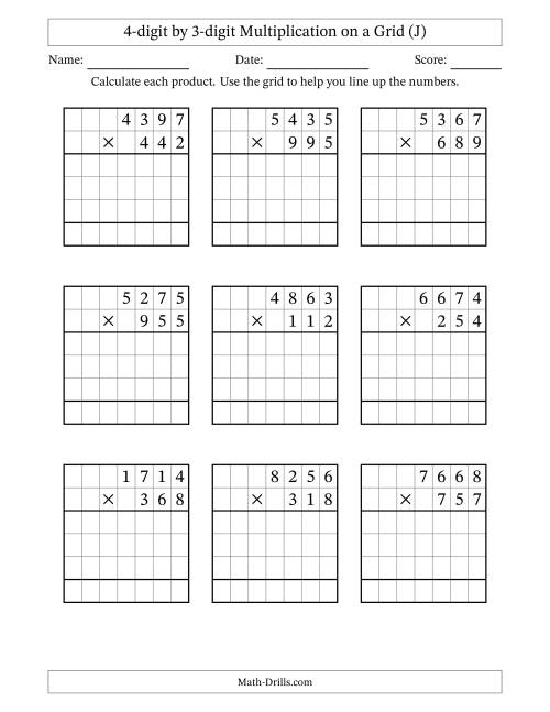 The 4-digit by 3-digit Multiplication with Grid Support (J) Math Worksheet