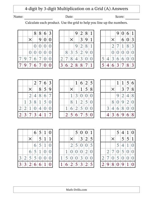 The 4-digit by 3-digit Multiplication with Grid Support (All) Math Worksheet Page 2