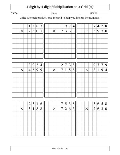 The 4-digit by 4-digit Multiplication with Grid Support (A) Math Worksheet