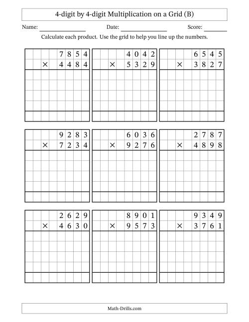 The 4-digit by 4-digit Multiplication with Grid Support (B) Math Worksheet
