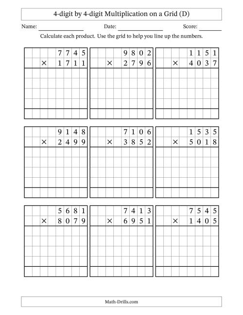 The 4-digit by 4-digit Multiplication with Grid Support (D) Math Worksheet