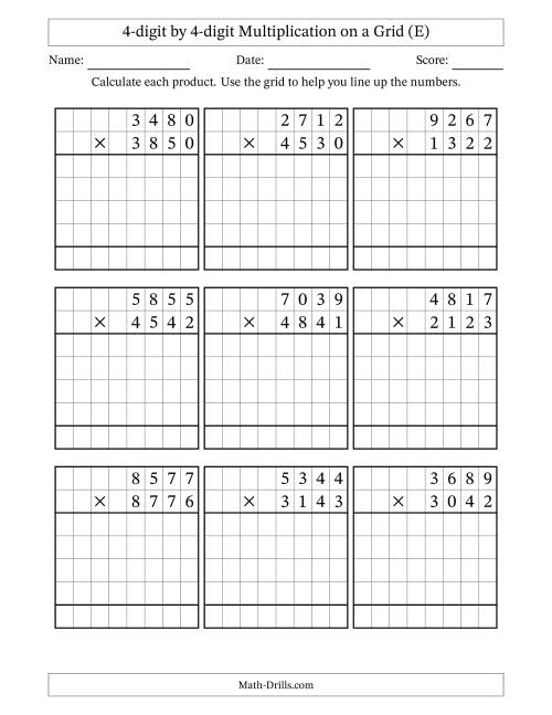 The 4-digit by 4-digit Multiplication with Grid Support (E) Math Worksheet