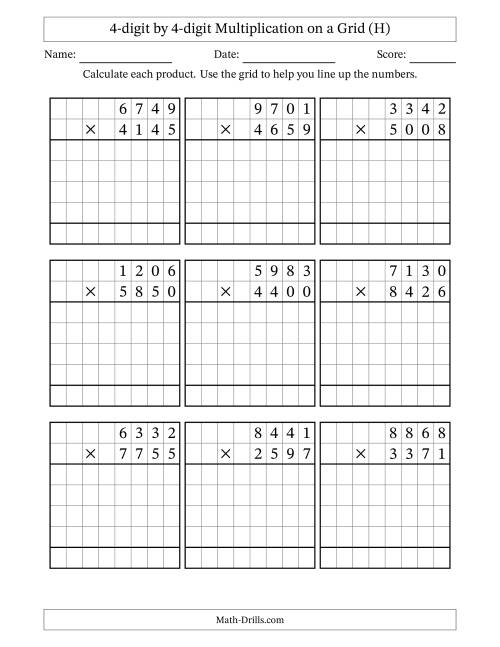 The 4-digit by 4-digit Multiplication with Grid Support (H) Math Worksheet