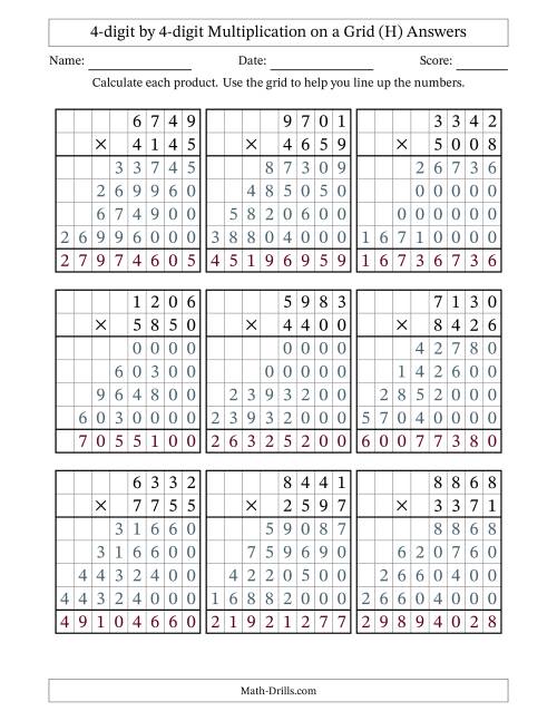 The 4-digit by 4-digit Multiplication with Grid Support (H) Math Worksheet Page 2