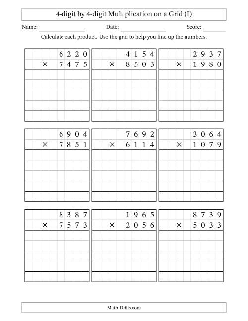 The 4-digit by 4-digit Multiplication with Grid Support (I) Math Worksheet