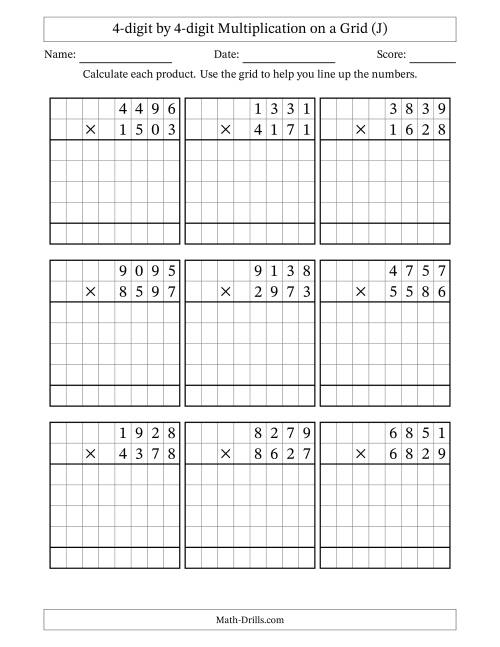 The 4-digit by 4-digit Multiplication with Grid Support (J) Math Worksheet
