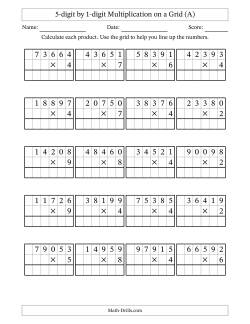 5-digit by 1-digit Multiplication with Grid Support