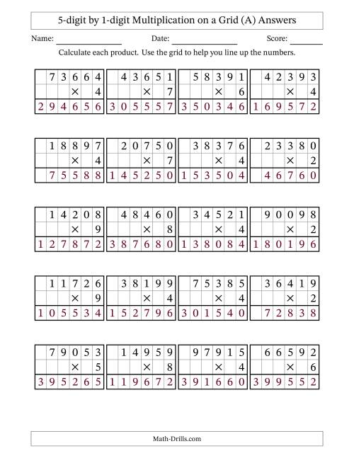 The 5-digit by 1-digit Multiplication with Grid Support (A) Math Worksheet Page 2